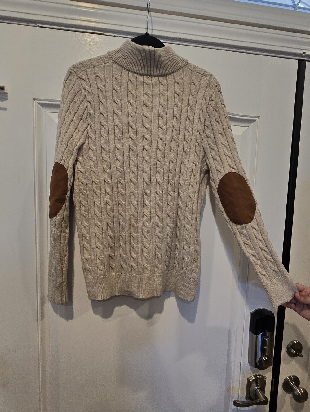 Beige Cable Knit Button-Up Mock Neck Sweater - Picture 2 of 6